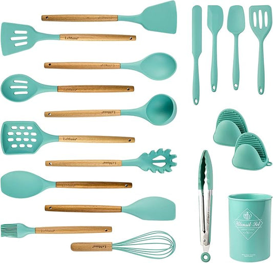 LeMuna Cooking Utensils Set, 18pcs Kitchen Silicone Utensils, Heat Resistant Non Toxic & BPA-Free with Holder & Wooden Handle, Home Essential Accessories, Teal(Turquoise)