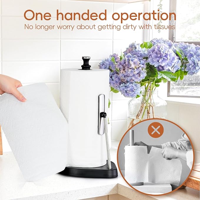 Dailyart Paper Towel Holder with One Hand Tear, Tension Arm & Non-Slip Weighted Base - Stainless Steel Kitchen Counter Stand for Paper Roll, Silver