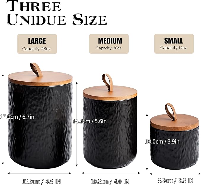 JOJUNO Black Ceramic Canister Set with Wooden Lid, 3-Piece Airtight Food Storage Jars for Kitchen Counter - Flour, Sugar, Coffee, Tea, Spice - Small, Medium, Large Sizes - Stone Texture