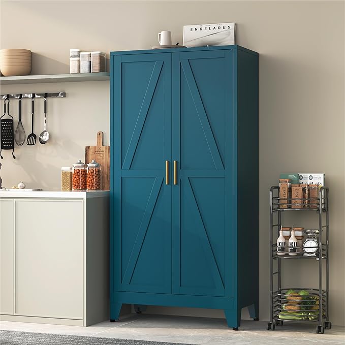 61''Metal Cabinet with 3 Adjustable Shelves,4-Tier Pantry Storage Cabinet,Kitchen Pantry Cabinets for Living Room,Dining Room, Blue
