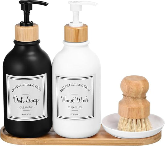 Zopeal 4 Pcs 16 oz Kitchen Soap Dispenser Set with Bamboo Tray and Dish Brush Plastic Soap Dispenser Set with Waterproof Labels for Hand Dish Lotion(Matte Black,White)