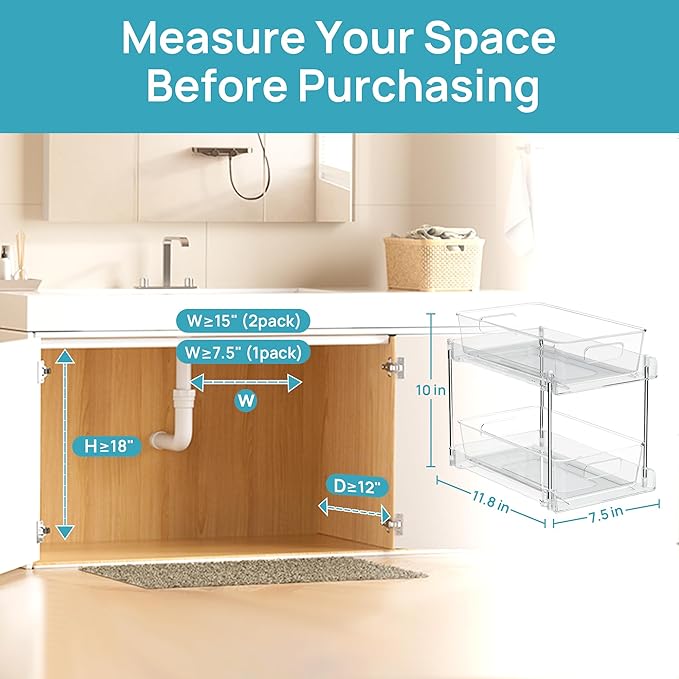 Vtopmart 4 Pack Bathroom Organizer, 2 Tier Clear Under Sink Organizers Vanity Countertop Storage Container,Cabinet Drawers Bins, Pull-Out Organization with Track for Pantry, Kitchen