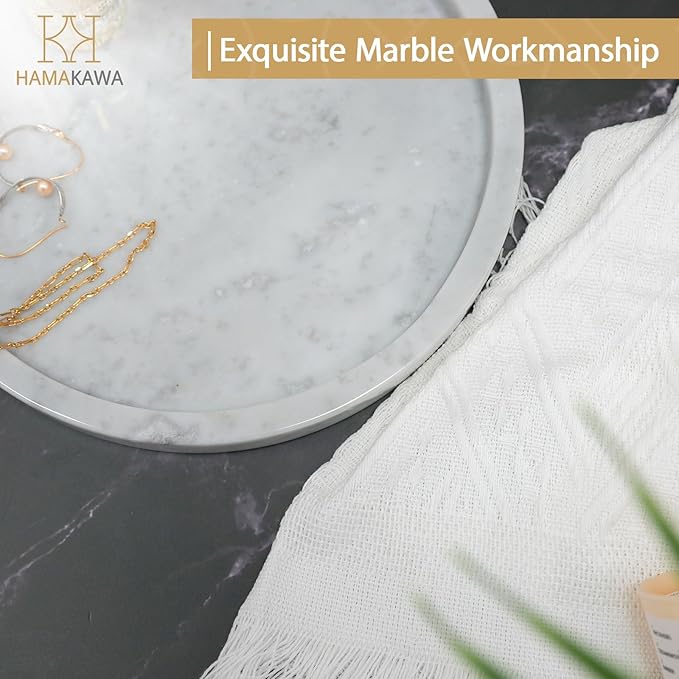 HAMAKAWA Natural Marble Bathroom Vanity Tray, Large Round Sink Tray 9.5 inch, Carrara White Limestone Dresser Tray, Modern Countertop Organizer for Soap Dispenser, Kitchen Counter, Home Decor