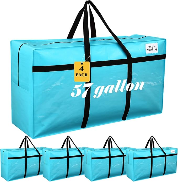 Windyun 4 Pack 57 Gallon Extra Large Moving Bags XXL Heavy Duty Storage Bag with Strong Zipper Handle Jumbo Big Tote Box Foldable for College Dorm Travel Clothes Duffle Blanket Pillow(Lake Blue)
