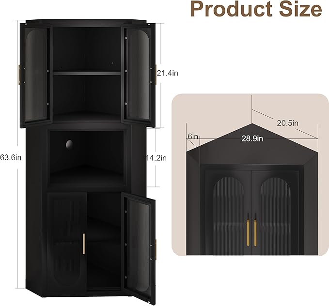 pozdeg 64" Tall Metal Corner Storage Cabinet with Acrylic Glass Doors ＆ Open Display Storage Shelves, Farmhouse Corner Pantry Storage Cupboard for Kitchen, Laundry Room, Bathroom or Bedroom (Black)
