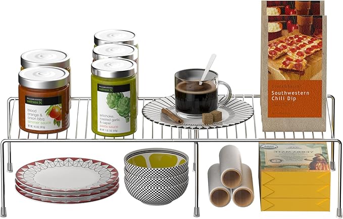 GEDLIRE Kitchen Cabinet Expandable Shelf Organizers, Adjustable Metal Wire Pantry Storage Shelves, Plate Dish Organizer Rack for Cabinets, Cupboard, Counter, Freezer, Countertop, Chrome