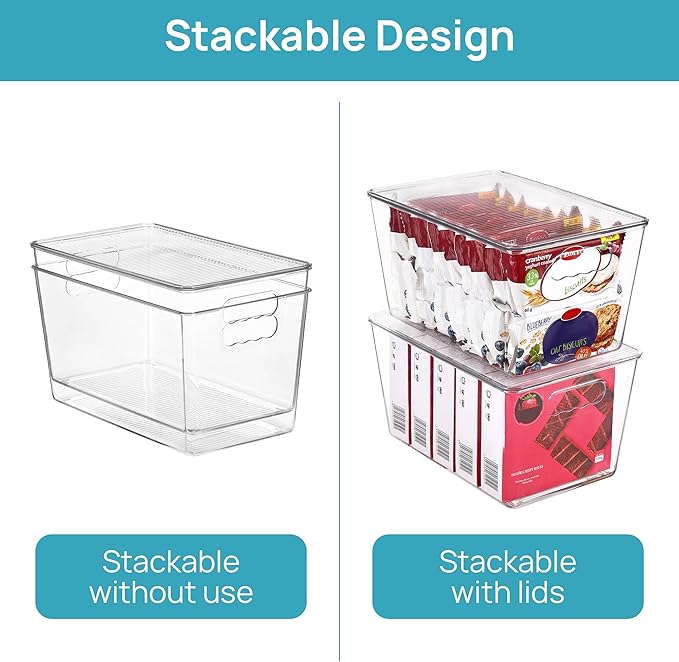 Vtopmart 6 Pack Clear Stackable Storage Bins with Lids, Large Plastic Containers with Handle for Pantry Organizer and Storage,Perfect for Bathroom,Cabinet,Kitchen,Fridge,Closet Organization