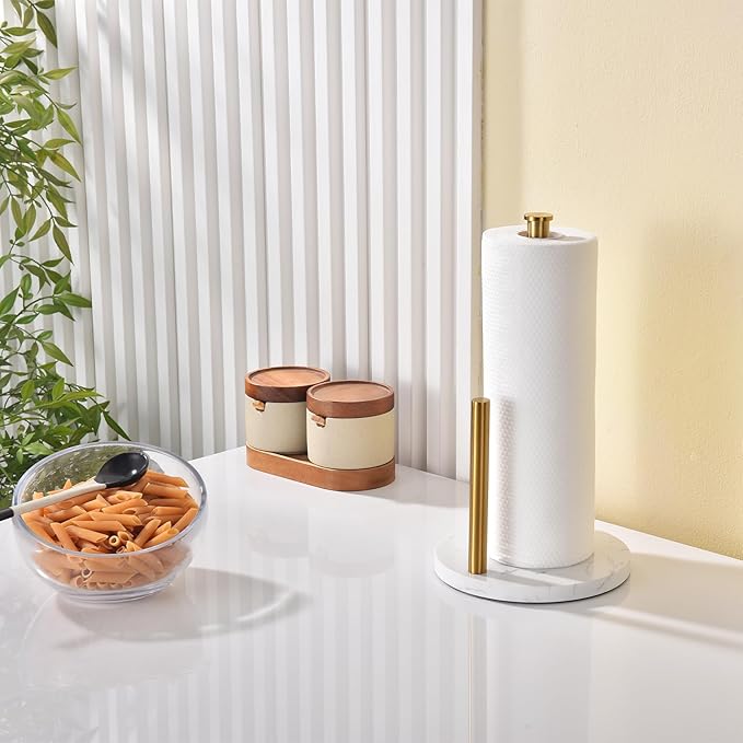 Hoooh Freestanding Paper Towel Holder for Kitchen Countertop - Non-Slip Marble Base, Brushed Gold Stainless Steel, Fits Standard & Jumbo Rolls