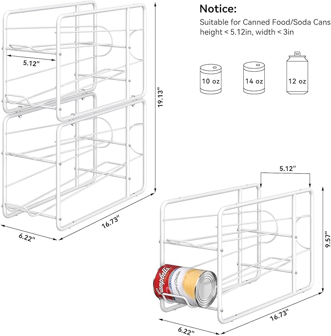MOOACE Can Organizer for for Pantry, Stackable Soda Can Dispenser Canned Food Storage, Kitchen Cabinet Fridge Beverage Cans Holder, 4 Pack, White