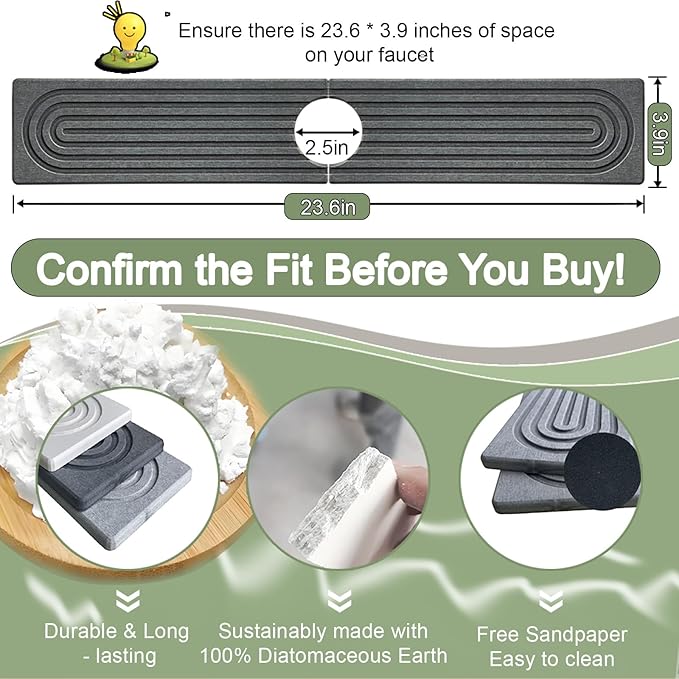 Faucet Mat for Kitchen Sink,23.6" Diatomite Stone Drying Mat,Quick Drying Splash Guard,Super Absorbent.Kitchen ,Bathroom Sink Splash Guard, Durable Countertop Protection (Darkgrey)