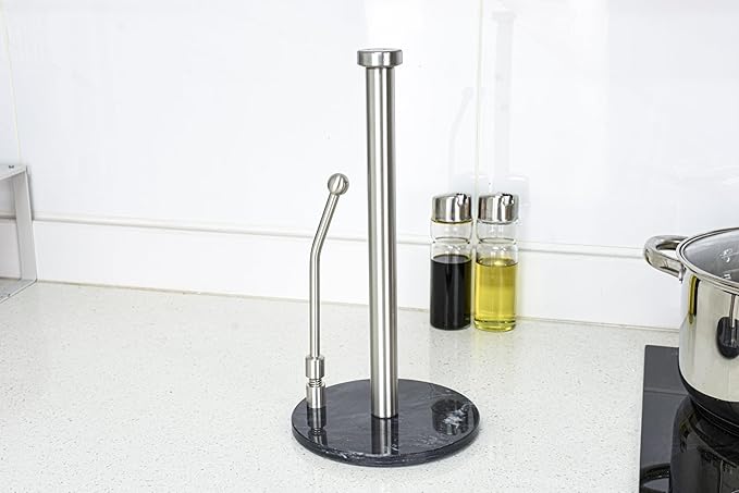 Paper Towel Holder with Marble Base – Heavy Weighted Countertop Holder, Stainless Steel Stand with Natural Stone Base, Modern Kitchen Paper Towel Dispenser