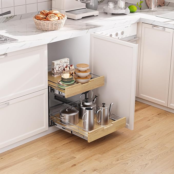Sikarou Pull Out Cabinet Organizer,Heavy-Duty Slide Out Shelf, Wood and Wire Basket, Pull Out Drawer for for Kitchen Under Sink Space, Pantry, Bathroom, 2 Tie 20 * 21 in