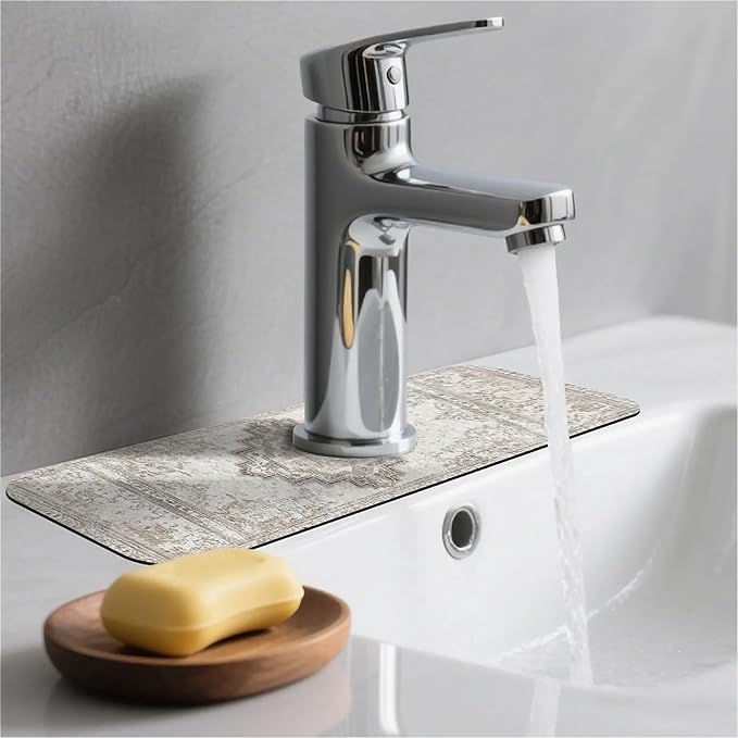 Kitchen Sink Splash Guard，Beige vintage Bohemian Faucet Mat Sink Gadgets-Super Absorbent Fast Drying Mat Drip Catcher for Kitchen, Bathroom,Sink Mat, Dish Drying Mat, Bathroom(15" X 5.5" )