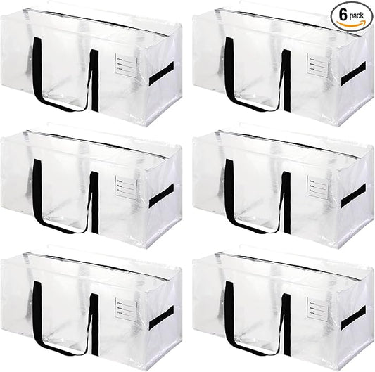 6 Pack Heavy Duty Extra Large Moving Bags with Black Handles, Waterproof Foldable Storage Totes, Clothing Storage Bags, Packing Moving Boxes for College Supplies & Seasonal Storage, Clear