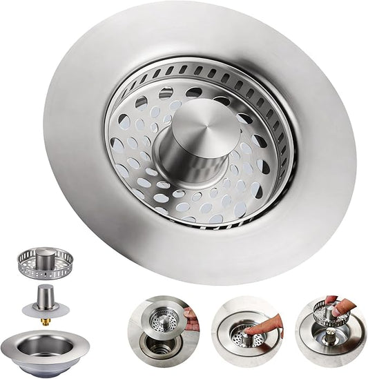 ARCORA Kitchen Sink Drain Strainer: Stainless Steel 3 in 1 Sink Stopper with Anti-Clogging Basket, Kitchen Strainer with Brass Bounce Core for Standard 3-1/2 Inch Drain, Brushed Nickel