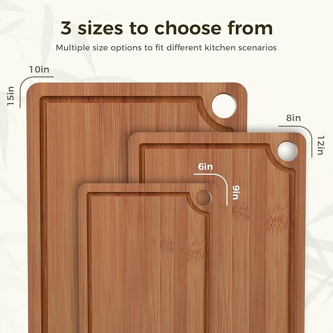 Bamboo Cutting Board for Kitchen Meal Prep & Serving, 3-Piece Wooden Set with Juice Grooves, Side Handles, Non-Slip Mats – Ideal for Meat, Veggies, Fruit – Ideal Gift for the Home