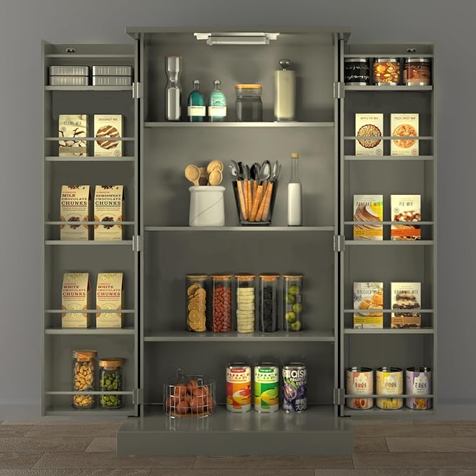 FJTJBSI 50" LED Kitchen Pantry Cabinet Grey Storage Cabinet Food Pantry with Doors and Adjustable Shelves Freestanding Buffet Cupboards Sideboard for Kitchen Living Room and Dinning Room