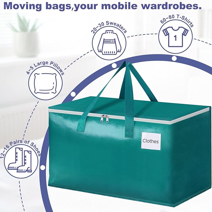 StorageRight Moving Bags-Heavy Duty Moving Boxes, Storage Totes with Zipper, Reinforced Handles and Tag Pocket-Collapsible Moving Supplies for moving, Storage and Travel 93L(Green-6 Pack)