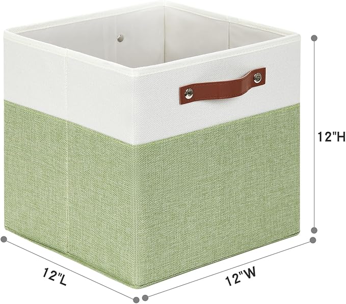 HNZIGE Fabric Storage Cubes for Shelves Set of 4,Storage Cubes Baskets 12 x12, Decorative Storage Bins Basket with Handles, Green Baskets for Organizing Home Nursery(Green White)