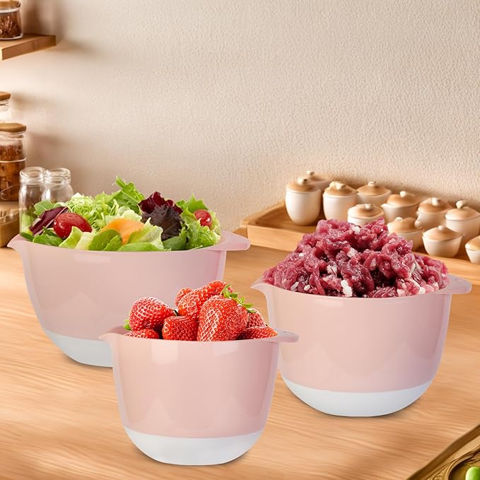 JCXivan 3 Mixing Bowls Set with Lids,Pour Spout and TPR Bottom, Plastic Nesting Bowl Use for Kitchen Cooking-Prep,Serving,Baking Bread Cake,Pancake,Waffle,Non-slip,Dishwasher Safe,3Qt,2Qt,1.5Qt,Pink
