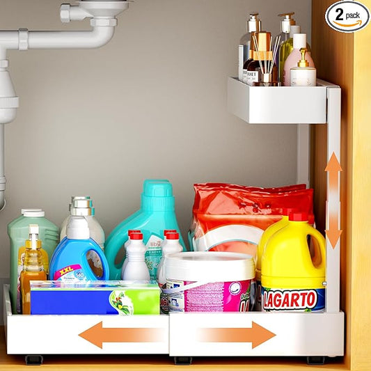2 Tier Expandable Under Kitchen Sink Organizer, Adhesive Under Bathroom Organizer, Heights Adjustable Pull Out Storage for Kitchen Laundry (White, 16.3D x 12.2"-20.5" W x 14.4"-18.5" H)