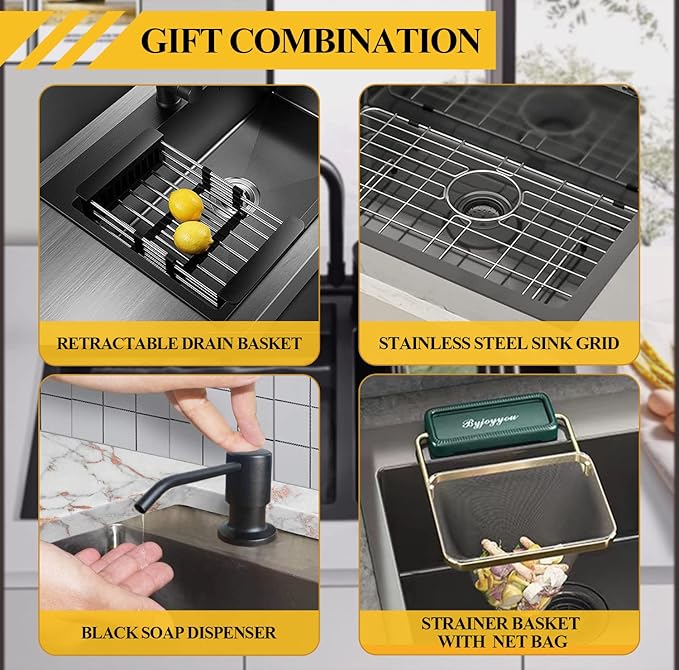 Black 22x18 Inch Kitchen And Bar Sink-Stainless Steel Drop In Single Bowl Topmount Kitchen&Bar Sink Combo-Sink Grid,Soap Dispenser,Drain Basket,Strainer Mesh,Drain Strainer Set for Modern Kitchen Sink