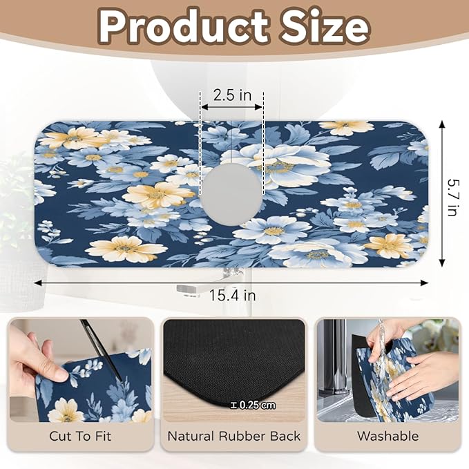 Deep Blue Floral Kitchen Faucet Mat Splash Guard, 15.4”x5.7” Absorbent Quick Drying Sink Mat for Countertop Protection, Draining Mat Sink Protectors For Kitchen Bathroom, 1 Pack