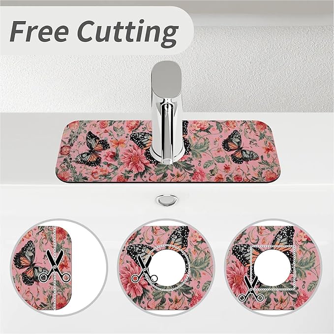 Kitchen Sink Splash Guard，Pink butterfly flower Faucet Mat Sink Gadgets-Super Absorbent Fast Drying Mat Drip Catcher for Kitchen, Bathroom,Sink Mat, Dish Drying Mat, Bathroom(15" X 5.5" )