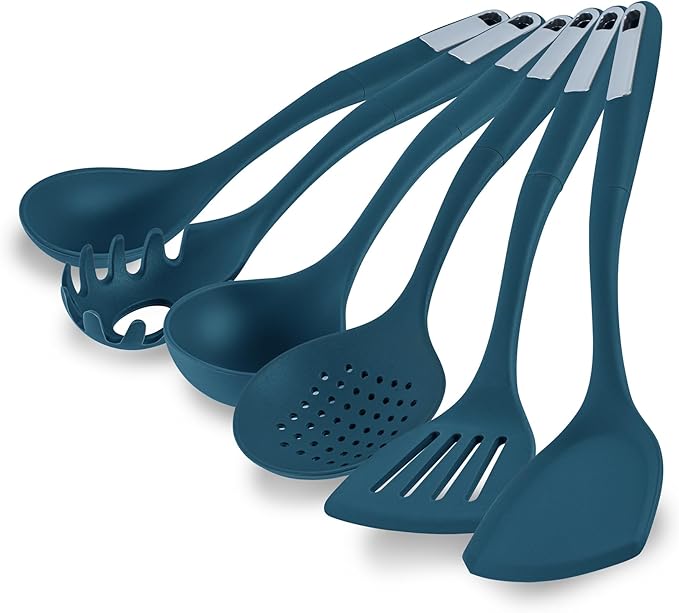 Restaurantware Silicone Utensil Set Pack of 1 Non-Slip Handle 6-Piece Kitchen Tool Set, Heat-Resistant Dishwasher-Friendly Cooking Accessories, Durable Teal Cooking Utensils