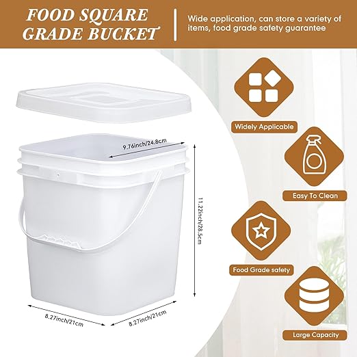 Mumufy 3 Pcs 3.5 Gallon Square Food Grade Bucket with Lid Square Bucket Pail with Plastic Handles for Storing Dry Food, Charcoal, Camping, Fishing (White)