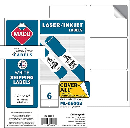 MACO Printable Labels for Shipping - Laser/Ink Jet Compatible Shipping Labels, 6 per Sheet, 3-1/3" x 4", Box of 250 Pages/1500 Labels, White