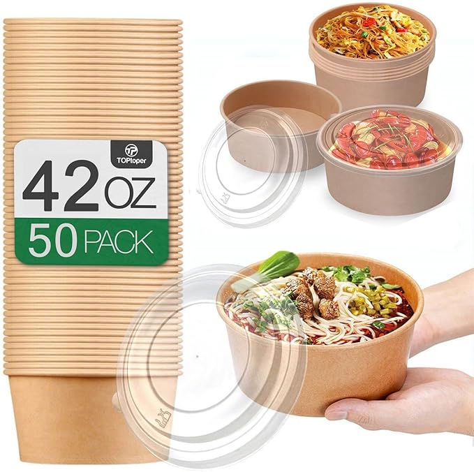 TOPtoper 42Oz 50Pcs Large Paper Bowls with Lids, Disposable Soup Serving Bowls Bulk Party Supplies for Hot/Cold Food, Soup (42 OZ)