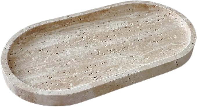 SAIDKOCC Marble Oval Handmade Tray Ornaments Vintage Tray Storage Dish for Counter,Coffee Table,Nightstand and Desk,Bathroom (Beige Travertine)