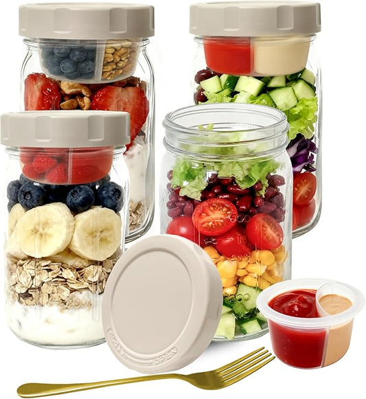4 Pack Glass Salad Jars with Lids,32oz Mason Jars for Meal Prep,Leakproof Lunch Container with Two Small Built-in Boxes for Wet/Dry Separation of Salad Dressing and Dry Ingredients ( Apricot White)