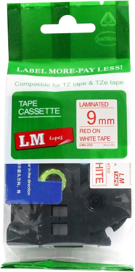 1/Pack LM Tapes - LMe222 Premium 3/8" Red Print on White Label Compatible with P-Touch TZe-222 Tape and Includes Tape Color/Size Guide. Replaces TZ-222 9mm 0.35 Laminated.