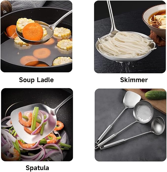 NIITAWH Stainless Steel Wok Spatula, Wok Utensils for Carbon Steel, Wok Tools Professional Set, 3-Pieces 304 Stainless Steel Cooking Utensils All Metal
