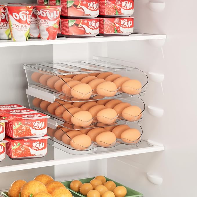 Proarea Egg Holder for Fridge 36 Capacity Automatic Rolling Egg Organizer for Refrigerator, Clear Stackable Container for Kitchen or Pantry Storage 2 Pack