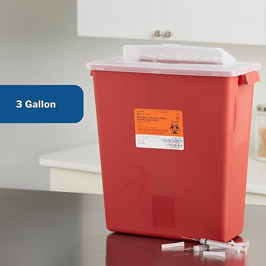 McKesson Sharps Container, Stackable, Locking Lid, Red, 3 gal, 12 in x 6 in x 13.5 in (L x D x H), 12 Count