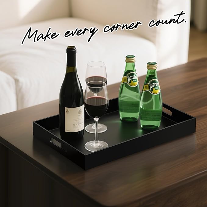 KEVJES Glossy Black Acrylic Serving Tray with Handles-Butler Trays for Coffee Table, Snacks,Breakfast in Bed, Kitchen Countertop,Vanity,Makeup Organizer,Ottoman (Black, 12x20 Inches)