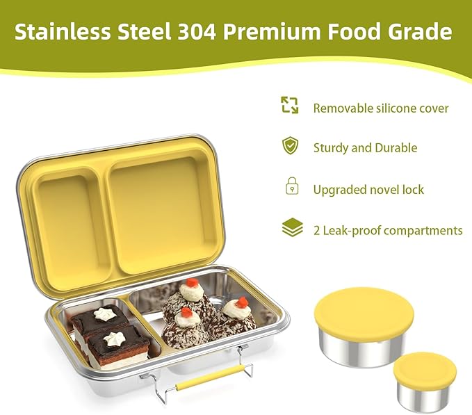 Stainless Steel Bento Box for Adults, 22.6 oz Leakproof 2-Compartments Stainless Steel Bento Containers, Metal Lunch Box with 2 Container, Dishwasher Safe, Design for Office,Outdoor, BPA-Free Yellow