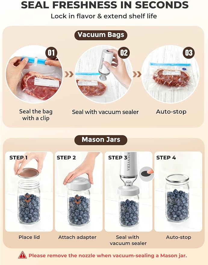 Compact Vacuum Sealer for Food — Mason Jar Vacuum Sealer Kit & Handheld Electric Sealer with 10 Reusable Bags & 10 Mason Jar Lids, Portable Rechargeable, Smart Auto-Stop, White