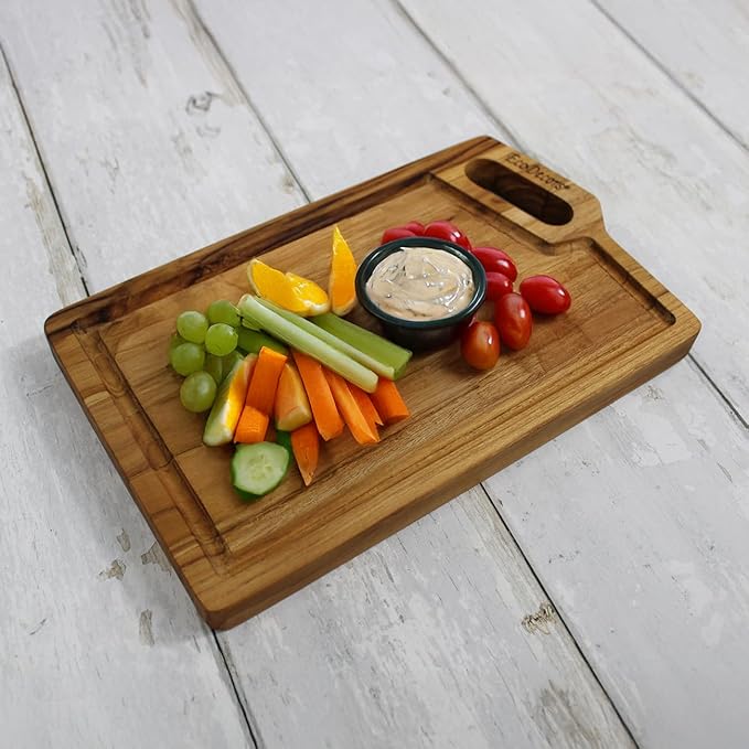 EcoDecors 10"x6" Teak Cutting Board with Juice Groove & Handle, FSC Certified Edge Grain Wood, Small Serving Board for Kitchen, Snacks & Charcuterie