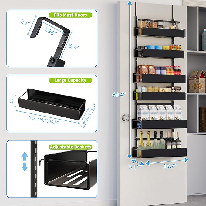 Over the Door Pantry Organizer, 6-Tier Pantry Organizers and Storage, Metal Hanging Spice Rack for Home & Kitchen, Laundry Room Bathroom Organization, Black