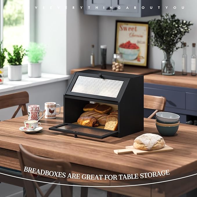 STDDRE Bread Box for Kitchen Countertop Bin Double Layer Bread Box Storage Container Extra Large Capacity Farmhouse with Diamond Pattern Windows (Black, Large)