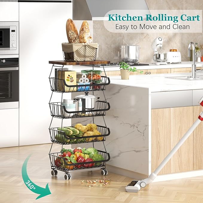 Fruit Basket with Wooden Lid for Kitchen, 5-Tier Stackable Wire Fruit Vegetable Storage Basket Organizer Stand on Wheel, Produce Basket Potato Onion Storage Bins Rack Cart for Pantry