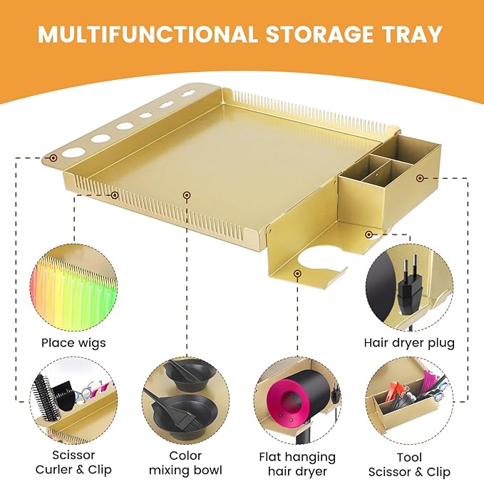Multi-Function Salon Tray,Extension Hair Cart,Hairstylist Rolling Cart with Storage Platform and Hair Separator Stand,Gold