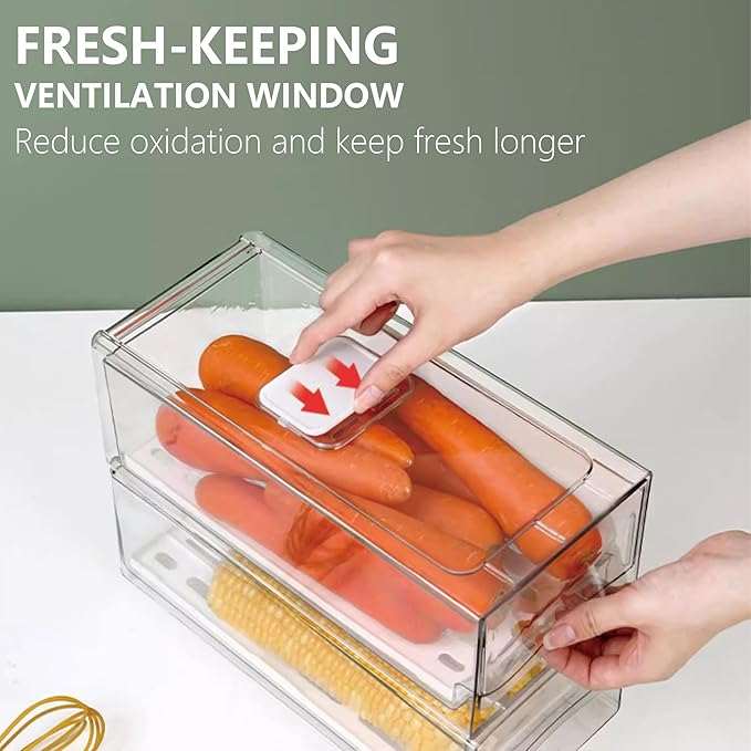2 Pack Fruit Storage Containers for Fridge with Drain Board, Stackable Refrigerator Organizers and Storage,Reusable Food Storage Containers,Fridge Organizer Drawer for Produce,Vegetable,BPA-Free