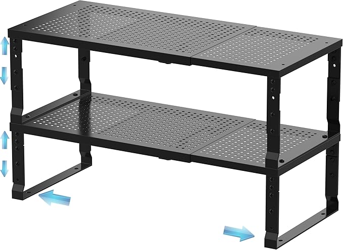 Zilvando Expandable Spice Rack & Kitchen Cabinet Organizer - Stackable, Adjustable Shelves for Cabinets, Countertops, Cupboards & Pantries(2 Packs/Large/Black)