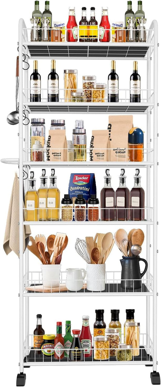 6in 6 Tier Slim Storage Cart with Wheels,Narrow Space Rolling Shelving Unit with Handle, Metal Wire Mobile Organizer Rack for Kitchen Bathroom Office Laundry