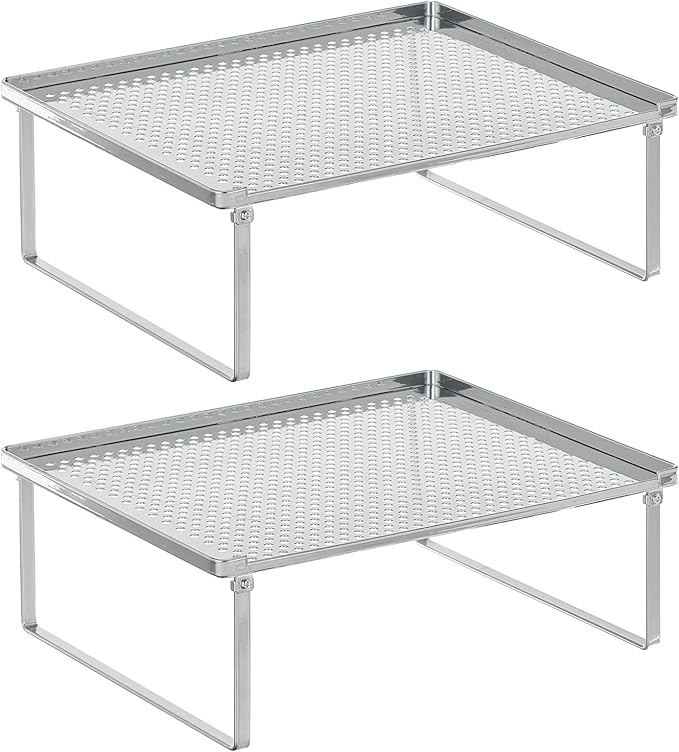 mDesign Metal Kitchen Shelf Organizer Rack - Stacker Storage Risers for Cabinet, Counter, Cupboard, or Pantry - Holder Stand for Plates, Dishes, Cups, Bowl, and Glasses - 2 Pack - Chrome